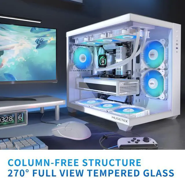 Alt view image 4 of 7 - MUSETEX ATX PC Case, 6 PWM ARGB Fans Pre-Installed, 360MM RAD Support, Type-C Gaming PC Case, 270° Full View Tempered Glass Mid Tower, Pure White ATX Computer Case,Y6