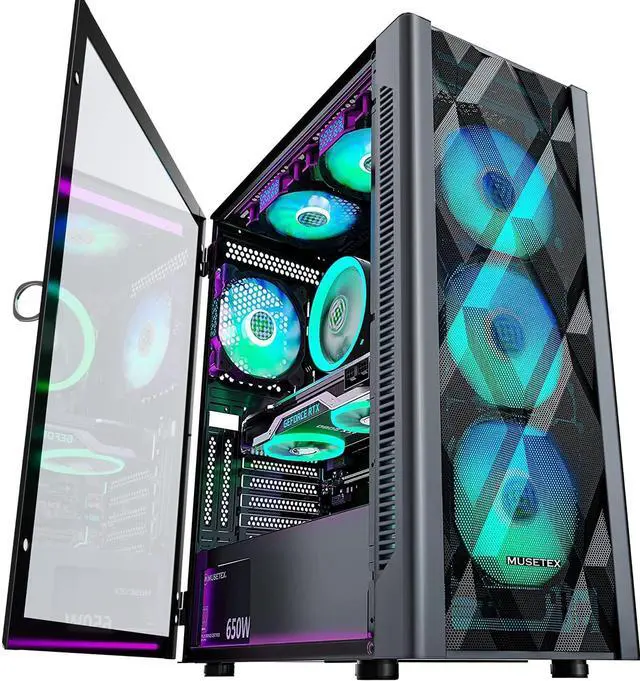 Main image of MUSETEX ATX PC Case Pre-install 6 PWM ARGB Fans, Polygonal Mesh Computer Gaming Case, Opening Tempered Glass Side Panel Mid-Tower Case, USB 3.0 x 2, Black, NN8