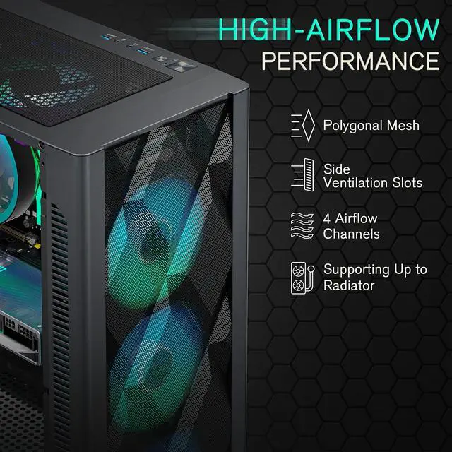 Alt view image 3 of 6 - MUSETEX ATX PC Case Pre-install 6 PWM ARGB Fans, Polygonal Mesh Computer Gaming Case, Opening Tempered Glass Side Panel Mid-Tower Case, USB 3.0 x 2, Black, NN8