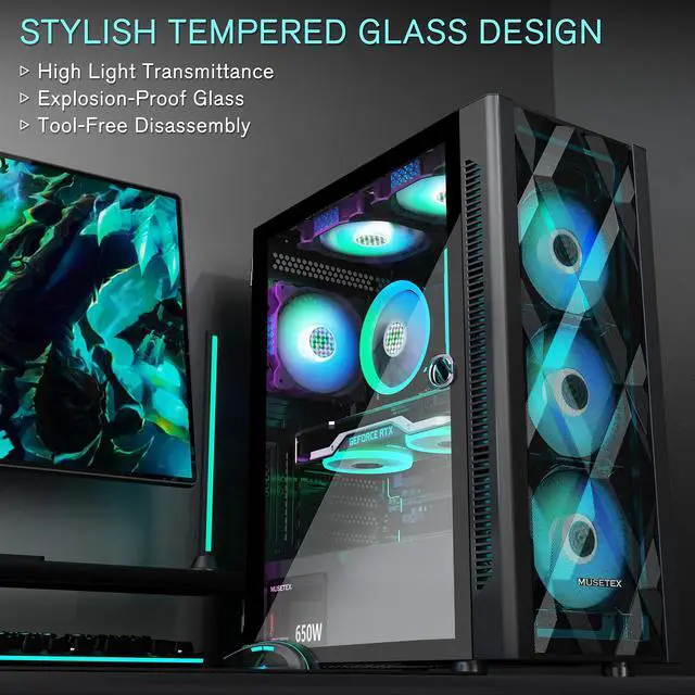 Alt view image 6 of 6 - MUSETEX ATX PC Case Pre-install 6 PWM ARGB Fans, Polygonal Mesh Computer Gaming Case, Opening Tempered Glass Side Panel Mid-Tower Case, USB 3.0 x 2, Black, NN8