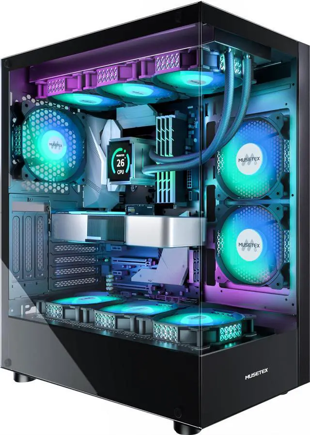 Main image of MUSETEX PC CASE ATX 6 PWM ARGB Fans Pre-Installed, Type-C Mid Tower Computer Case with Full-View Dual Tempered Glass, Gaming PC Case, Black (K2)