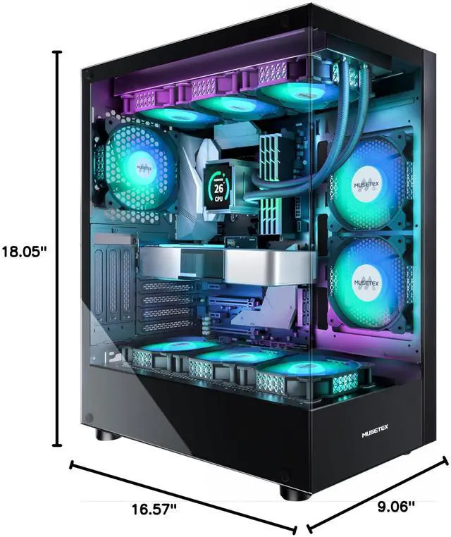 Alt view image 7 of 7 - MUSETEX PC CASE ATX 6 PWM ARGB Fans Pre-Installed, Type-C Mid Tower Computer Case with Full-View Dual Tempered Glass, Gaming PC Case, Black (K2)