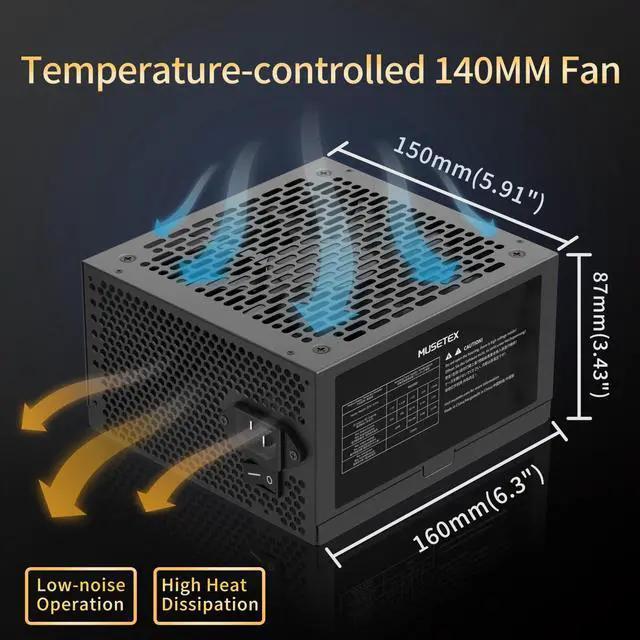 Alt view image 4 of 6 - MUSETEX Power Supply 1000W, Full Modular PC Power Supply, Multi Connectors ATX Computer Power Supplies, 140mm Ultra Quiet Cooling Fan, PC PSU, Black (MU1000)