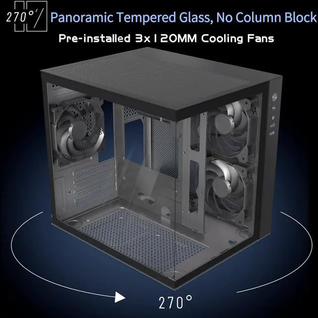 Alt view image 2 of 7 - MATX PC Case,270° Panoramic Tempered Glass Panel Gaming PC Case,3 Fans Pre-Installed Micro-ATX Computer Case,USB 3.0,Black(V3)