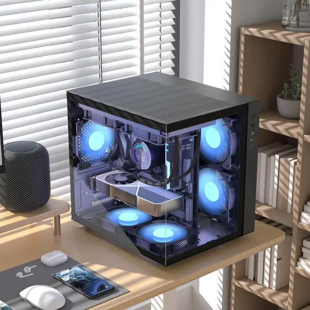 Alt view image 6 of 7 - MATX PC Case,270° Panoramic Tempered Glass Panel Gaming PC Case,3 Fans Pre-Installed Micro-ATX Computer Case,USB 3.0,Black(V3)