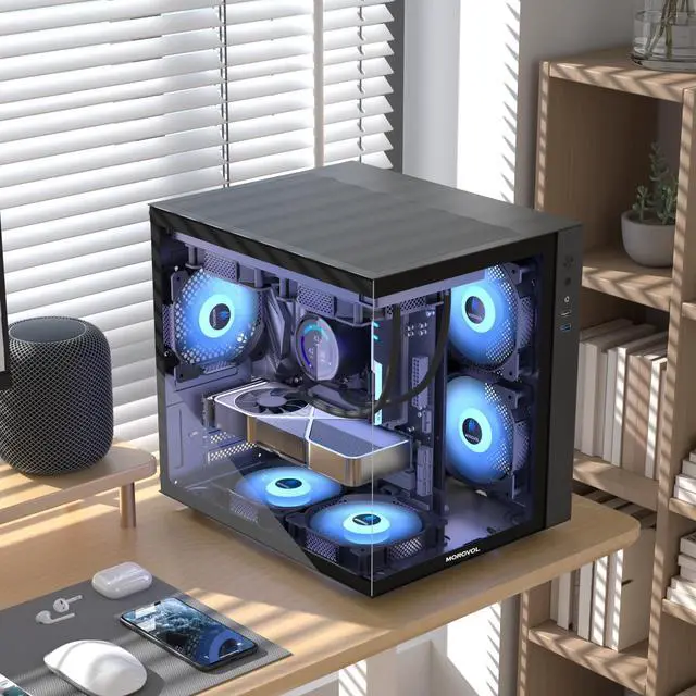 Alt view image 6 of 7 - MATX PC Case,270° Panoramic Tempered Glass Panel Gaming PC Case,3 Fans Pre-Installed Micro-ATX Computer Case,USB 3.0,Black(V3)
