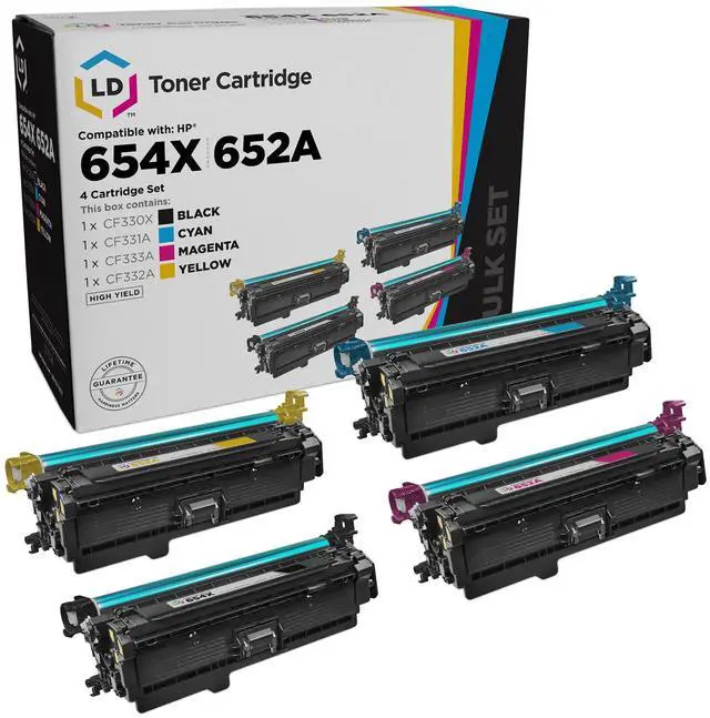 Alt view image 8 of 14 - LD © Remanufactured Replacements for Hewlett Packard 654A Set of 4 Laser Toner Cartridges Includes: 1 CF320A Black, 1 CF331A Cyan, 1 CF332A Yellow, & 1 CF333A Magenta