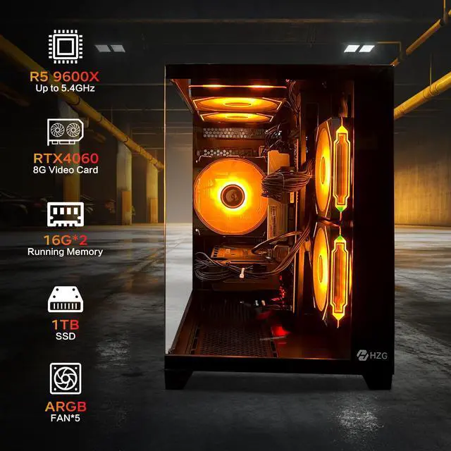 Alt view image 2 of 6 - HZG Gaming Desktop Computer PC,AMD Ryzen 5 9600X,RTX 4060 8G  32GB DDR5 6000 RAM and 2TB NVMe M.2 SSD, WiFi6E, ARGB Fan, Prebuilt Gaming PC Tower AMD Ryzen 5 9600X GeForce RTX 4060