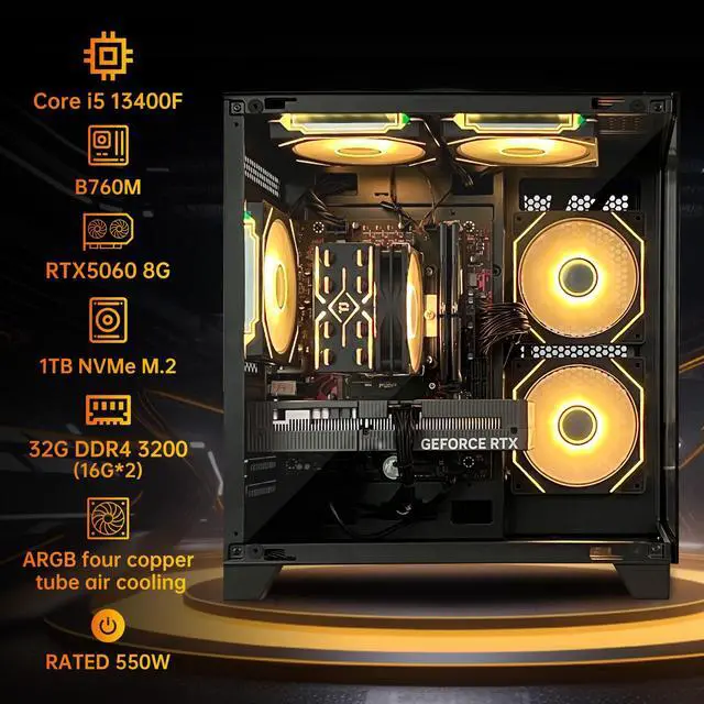 Alt view image 3 of 7 - HZG Gaming Desktop Computer PC,Intel Core i5-13400F GeForce RTX 5060 8G 32GB RAM and 1TB NVMe M.2 SSD, WiFi6E, ARGB Fan, Prebuilt Gaming PC Tower