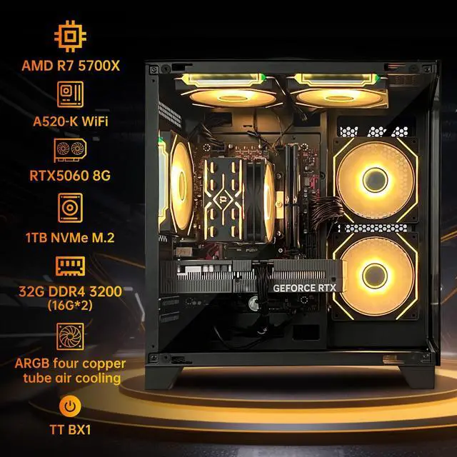 Alt view image 3 of 7 - HZG Gaming Desktop Computer PC,AMD Ryzen 7 5700X,RTX 5060 8G  32GB RAM and 1TB NVMe M.2 SSD, WiFi6E, ARGB Fan, Prebuilt Gaming PC Tower