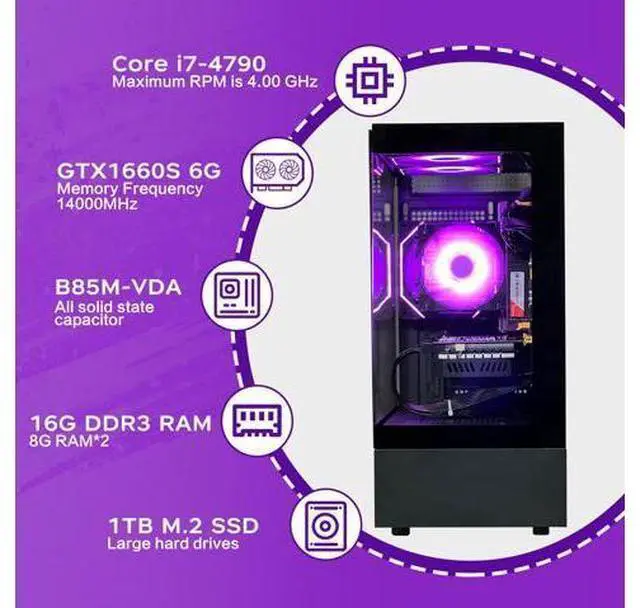 Alt view image 2 of 6 - HZG Gaming PC Computer Desktop Intel Core i7 4790, GTX 1660S 6G GDDR6 Memory Stick (TY 8G*2), 1TB SSD M.2 NVME, ARGB Fan*3, Controller*1
