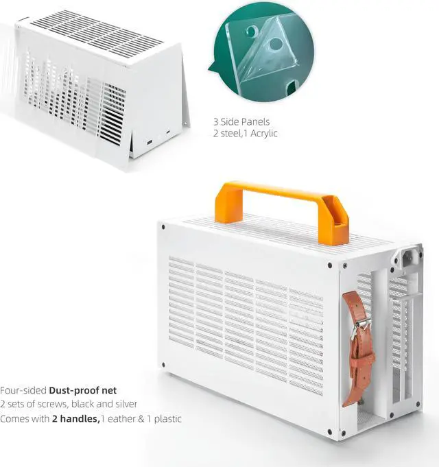 Alt view image 7 of 7 - SGPC Itx Mini Case - New K49(Steel)/Upgraded Version of K55 ,Full-Size GPU Compatible,2 Handles,Vented Panel - 2 Steel & 1 Acrylic Side Panels / 7L Small Itx Case
