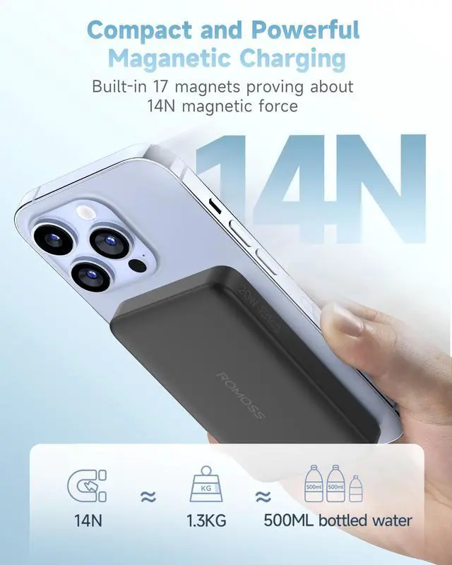 Alt view image 3 of 7 - ROMOSS Magsafe Portable Charger, 10000mAh Battery Pack, Magnetic Wireless Power Bank for iPhone 16/15/14/13/12 Series, Fast Charging, Compact Portable Battery Pack for Travel