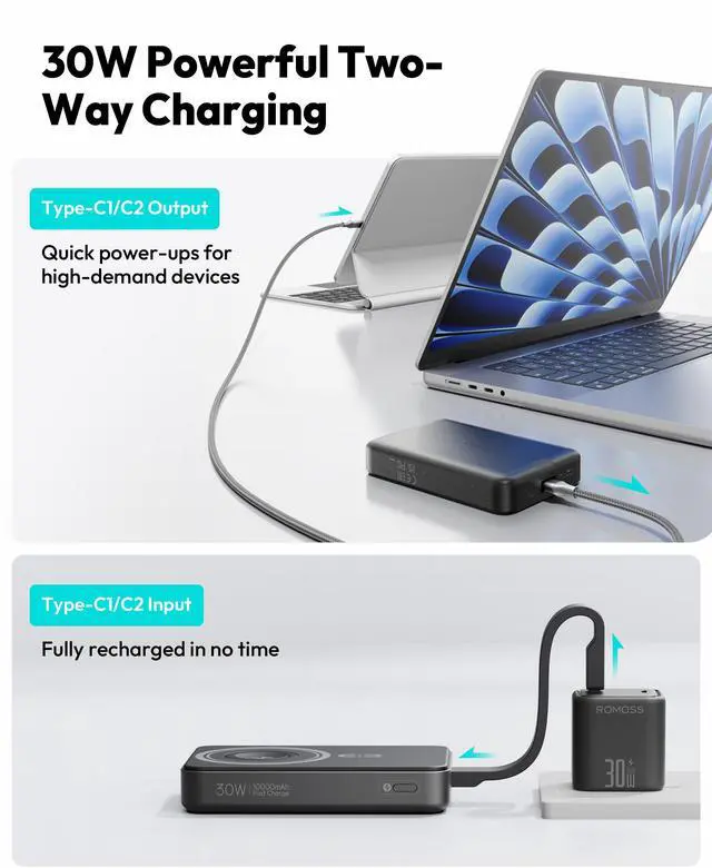 Alt view image 5 of 7 - ROMOSS Magnetic Power Bank 10000mAh, 30W PD Fast Charging, 3-in-1 Wireless Power Bank with Apple Watch Charger, USB C Battery Pack for Magsafe, iPhone 16/15/14/13/12 Series/Apple Watch/Airpods