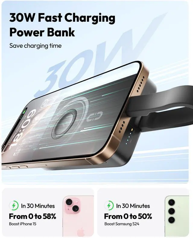 Alt view image 2 of 7 - ROMOSS Magnetic Power Bank 10000mAh, 30W PD Fast Charging, 3-in-1 Wireless Power Bank with Apple Watch Charger, USB C Battery Pack for Magsafe, iPhone 16/15/14/13/12 Series/Apple Watch/Airpods