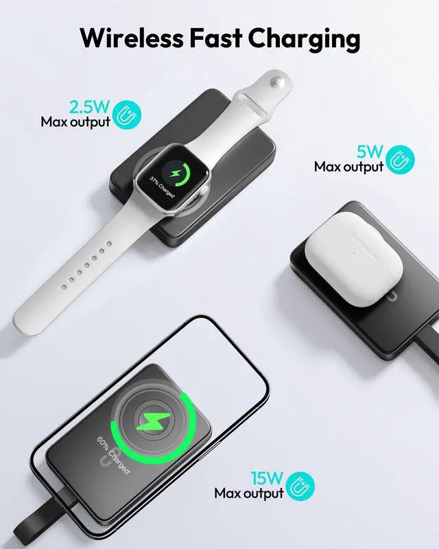 Alt view image 3 of 7 - ROMOSS Magnetic Power Bank 10000mAh, 30W PD Fast Charging, 3-in-1 Wireless Power Bank with Apple Watch Charger, USB C Battery Pack for Magsafe, iPhone 16/15/14/13/12 Series/Apple Watch/Airpods