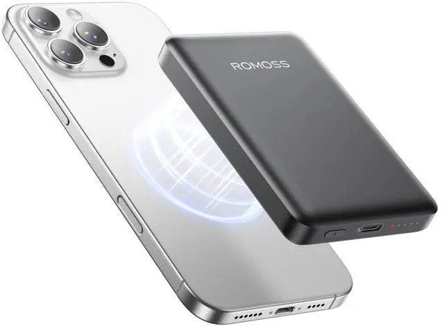 Main image of ROMOSS Magnetic Power Bank, Ultra Slim 5000mAh Magnetic Battery Pack, 20W Magsafe Portable Charger with USB-C Cable, Fast Charging Magsafe-Compatible Charger for iPhone 16/15/14/13/12 Series, Black