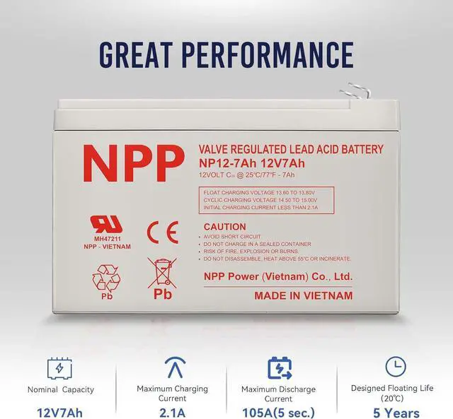 Alt view image 2 of 7 - NPP 12V 7Ah Rechargeable AGM SLA Battery with F1 Terminals, for ADT Security Alarm System, UPS, Verizon Fios Box etc