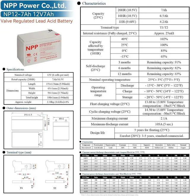 Alt view image 4 of 7 - NPP 12V 7Ah Rechargeable AGM SLA Battery with F1 Terminals, for ADT Security Alarm System, UPS, Verizon Fios Box etc