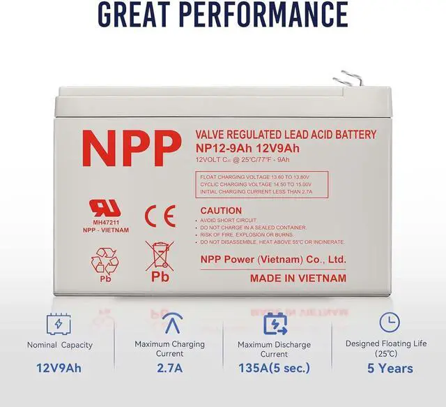 Alt view image 4 of 7 - NPP 12V 9Ah Rechargeable AGM SLA Battery with F2 Terminals for APC UPS, Razor E200 / E200s / E225 / E300, Cyberpower Backup System, Electric Scooter, Rid Toy