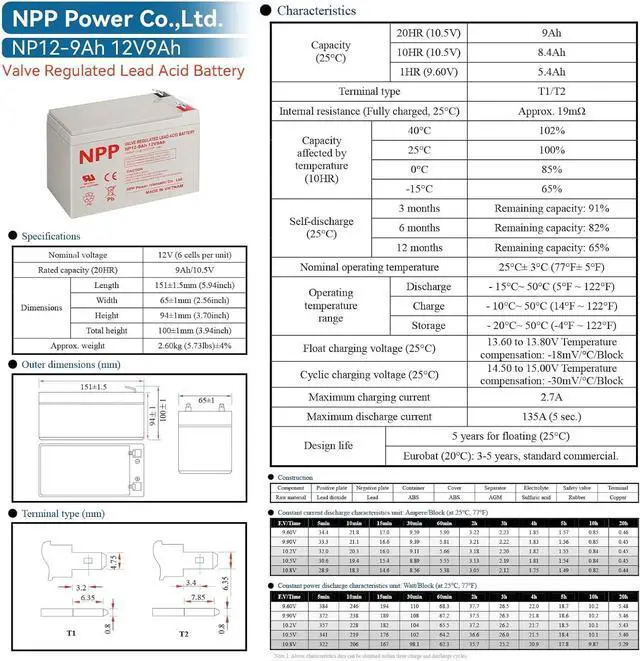 Alt view image 2 of 7 - NPP 12V 9Ah Rechargeable AGM SLA Battery with F2 Terminals for APC UPS, Razor E200 / E200s / E225 / E300, Cyberpower Backup System, Electric Scooter, Rid Toy