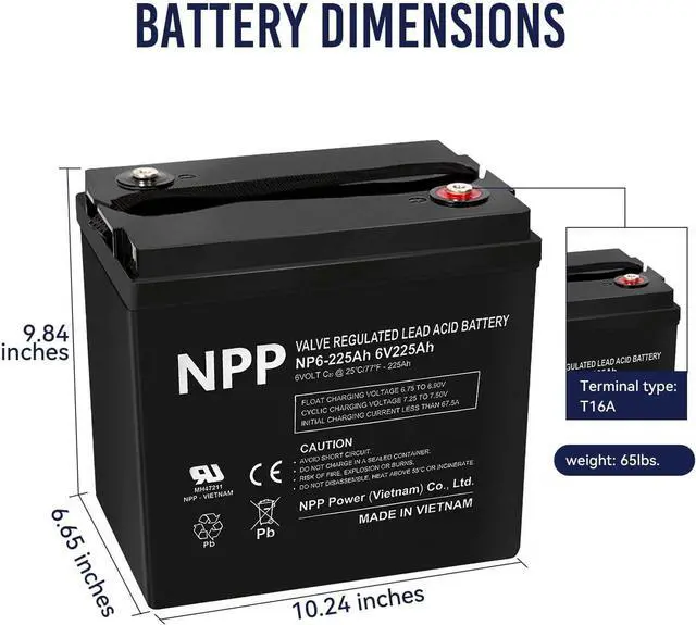 Alt view image 2 of 7 - NPP Brand NP6-225Ah AGM Rechargeable Battery with T16A Terminal, Replace 6V-225AH Lead-acid Battery, for Golf Carts, Rv, Marine, Camping, Solar Power System, Emergency Supply
