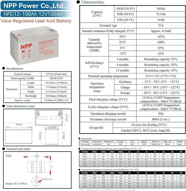 Alt view image 7 of 7 - NPD 12V 100Ah Deep Cycle Battery with T16A Terminals, Group 31 12Volt 100Ah Rechargeable AGM SLA Battery for Most Home Appliances, RV, Camping, Cabin, Solar Energy, Marine and Off-Grid System