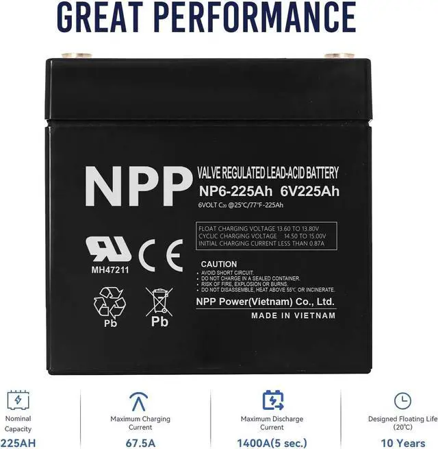 Alt view image 2 of 7 - NP6-225Ah (6 Pcs) AGM Rechargeable Battery with T16A Terminal, Replace V6-225 Lead-Acid Battery, for Golf Carts, Pallet Jack, Solar Setup, Trolling Motor, RV, Marine, Wheelchair, Camping