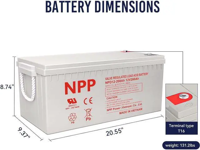 Alt view image 2 of 7 - NPD 12V 200Ah Deep Cycle Battery with T16 Terminals, 12Volt 200Ah Rechargeable AGM SLA Battery for Most Home Appliances, RV, Camping, Cabin, Solar Energy,Marine and Off-Grid System