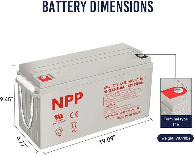 Alt view image 3 of 7 - NPP NPG12-150Ah 12V 150Ah Rechargeable Gel Deep Cycle Battery with Button Style Terminals SLA Storage Battery for Off Grid Solar System, Wind, RV, Marine, Boat, Golf Cart