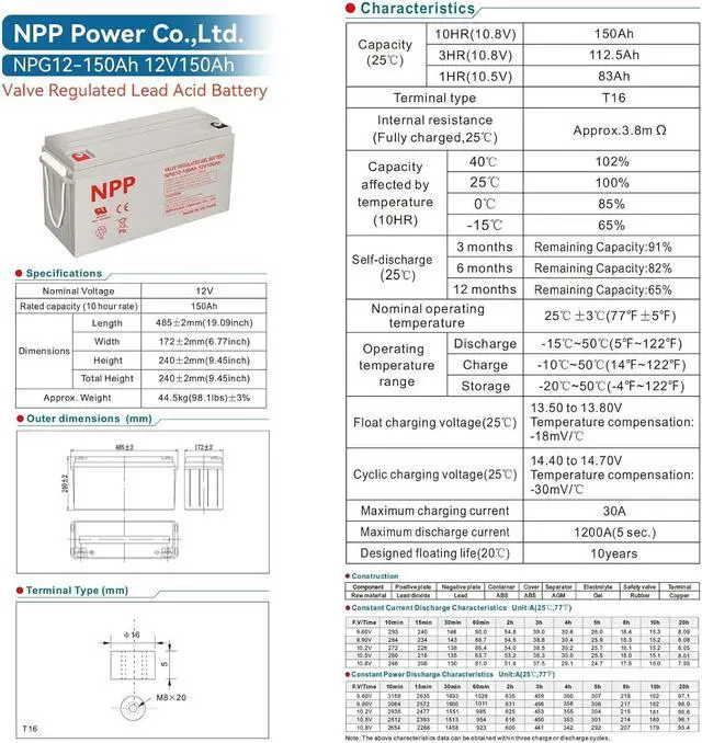 Alt view image 6 of 7 - NPP NPG12-150Ah 12V 150Ah Rechargeable Gel Deep Cycle Battery with Button Style Terminals SLA Storage Battery for Off Grid Solar System, Wind, RV, Marine, Boat, Golf Cart
