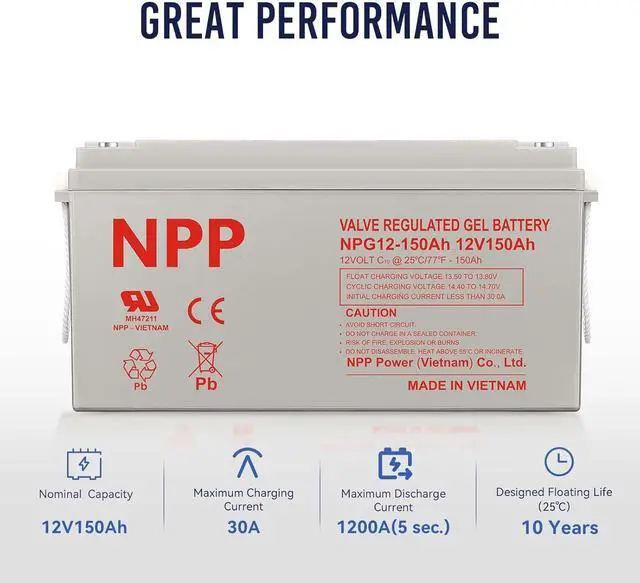 Alt view image 2 of 7 - NPP NPG12-150Ah 12V 150Ah Rechargeable Gel Deep Cycle Battery with Button Style Terminals SLA Storage Battery for Off Grid Solar System, Wind, RV, Marine, Boat, Golf Cart
