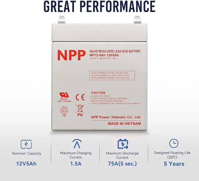 Alt view image 3 of 7 - NPP 12V 5Ah Rechargeable SLA Battery with F1 Terminals, 12 Volt 5 AH Replacement Battery for Home Alarm Security System, Garage Door Opener, Emergency Lighting