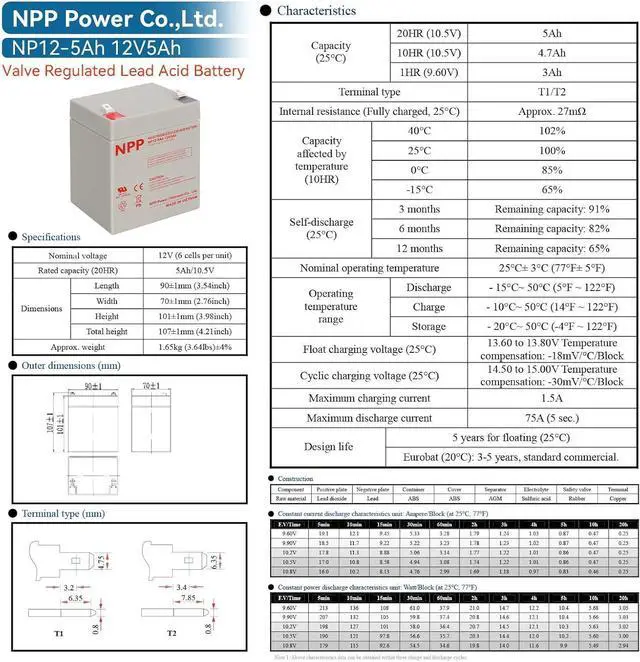 Alt view image 7 of 7 - NPP 12V 5Ah Rechargeable SLA Battery with F1 Terminals, 12 Volt 5 AH Replacement Battery for Home Alarm Security System, Garage Door Opener, Emergency Lighting