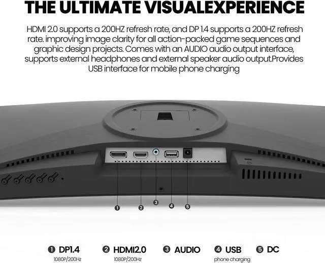 Alt view image 7 of 7 - CRUA 24 Inch 200hz Curved Gaming Monitor, FHD 1080P 3000R Frameless Computer Monitors, Support AMD freesync Low Motion Blur, Eye Care, DisplayPort, HDMI, Compatible Wall Mountable Installs-Black
