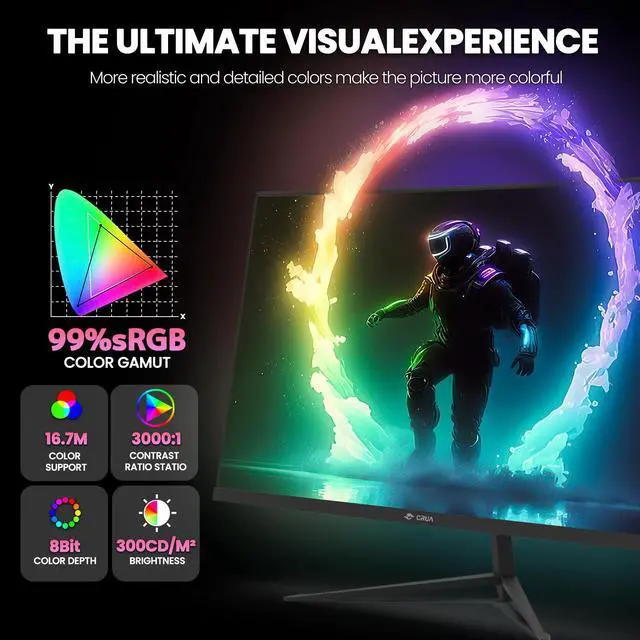 Alt view image 3 of 7 - CRUA 24 Inch 200hz Curved Gaming Monitor, FHD 1080P 3000R Frameless Computer Monitors, Support AMD freesync Low Motion Blur, Eye Care, DisplayPort, HDMI, Compatible Wall Mountable Installs-Black