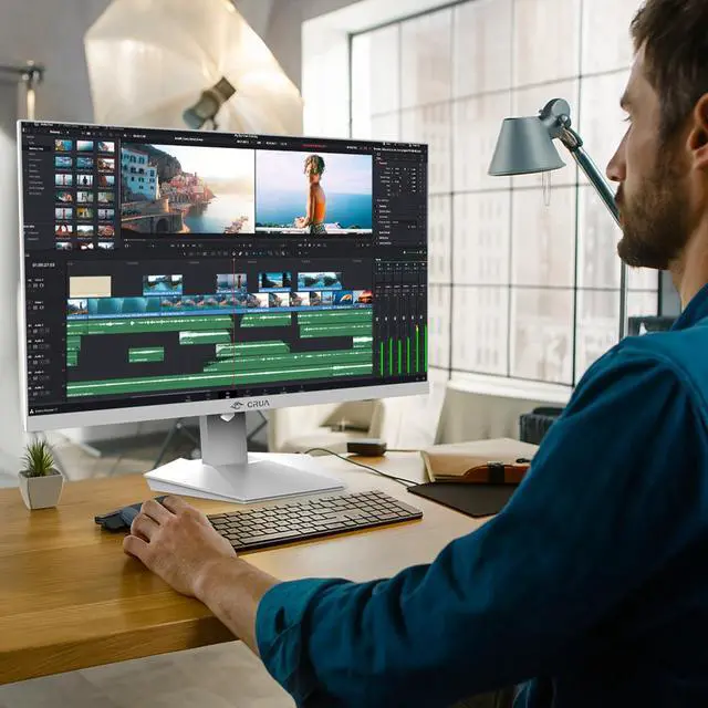 Alt view image 14 of 14 - CRUA 27 White 4K UHD Monitor  IPS Panel, 3840×2160 Resolution, 60Hz Refresh, 120% sRGB Wide Color, FreeSync, USB Type-C, HDMI & DP, Eye-Care Tech, VESA Mountable for Work, Streaming & Home Office