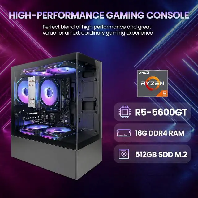 Alt view image 2 of 7 - Suevery Gaming PC Desktop, AMD Ryzen 5 5600GT Processor, 16GB DDR4 3200MHz RAM, 512GB NVMe SSD, Wi-Fi 6, RGB Fans, 650W PSU, Integrated Radeon Graphics, Black