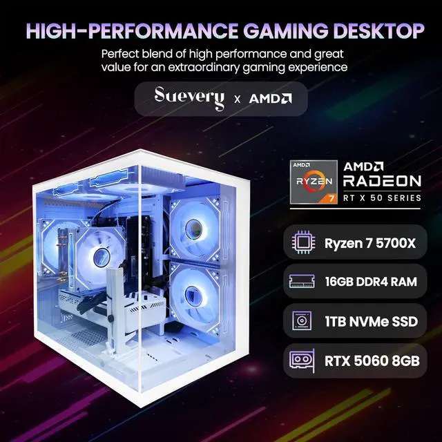 Alt view image 2 of 7 - Suevery Gaming PC Desktop, AMD Ryzen 7 5700X 8-Core Processor, NVIDIA GeForce RTX 5060 8GB, 16GB DDR4 3200MHz RAM, 1TB NVMe SSD, Wi-Fi 6, RGB Lighting, 650W PSU, White