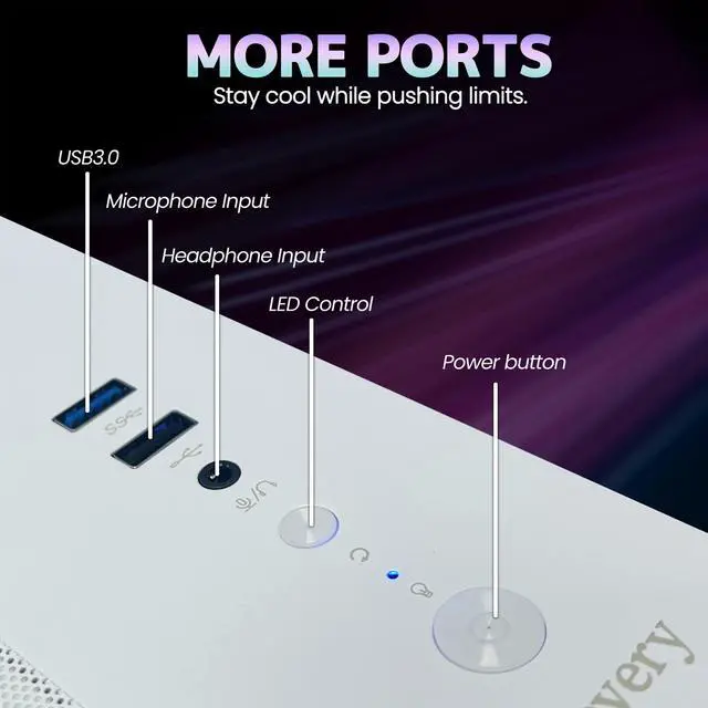 Alt view image 4 of 7 - Suevery Gaming PC Desktop, AMD Ryzen 7 5700X 8-Core Processor, NVIDIA GeForce RTX 5060 8GB, 16GB DDR4 3200MHz RAM, 1TB NVMe SSD, Wi-Fi 6, RGB Lighting, 650W PSU, White