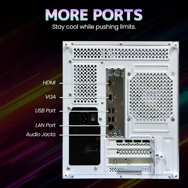 Alt view image 7 of 7 - Suevery Gaming PC Desktop, AMD Ryzen 7 5700X 8-Core Processor, NVIDIA GeForce RTX 5060 8GB, 16GB DDR4 3200MHz RAM, 1TB NVMe SSD, Wi-Fi 6, RGB Lighting, 650W PSU, White