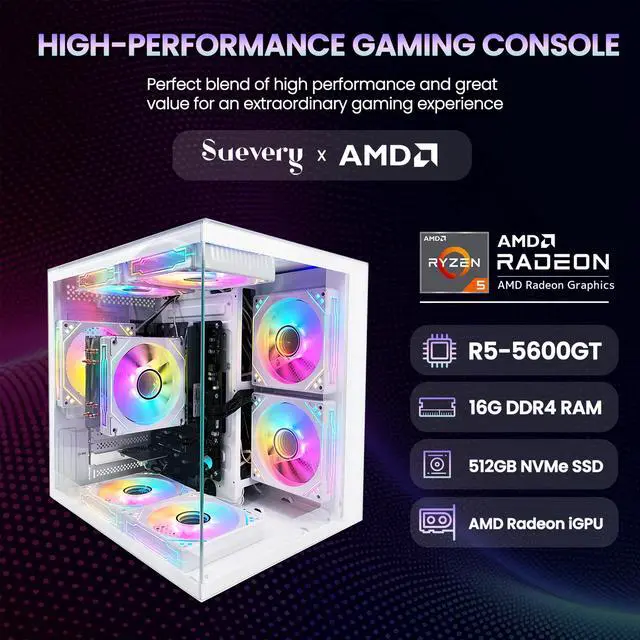 Alt view image 2 of 7 - Suevery Desktop Gaming PC, AMD Ryzen 5 5600GT Processor, 16GB DDR4 3200MHz RAM, 512GB NVMe SSD, Wi-Fi 6, RGB Fans, 650W PSU, Integrated Radeon Graphics, White
