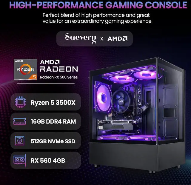 Alt view image 3 of 7 - Suevery Gaming PC Desktop, AMD Ryzen 5 3500X, Radeon RX 560 4GB, 16GB DDR4 RAM, 512GB NVMe SSD, Wi-Fi 6, 6 RGB Fans, Tempered Glass Case, Black