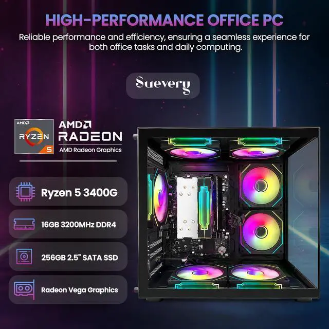 Alt view image 3 of 7 - Suevery Desktop PC Computer, AMD Ryzen 5 3400G up to 4.2GHz, 16GB DDR4 RAM, 256GB SATA SSD, Radeon Vega 11 Graphics, Wi-Fi 6, RGB Fans, 400W PSU, B450 Motherboard, Black