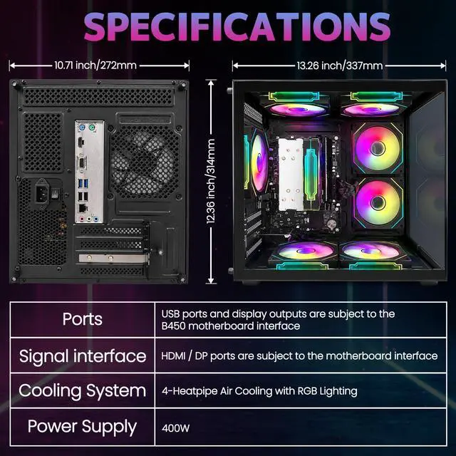 Alt view image 6 of 7 - Suevery Desktop PC Computer, AMD Ryzen 5 3400G up to 4.2GHz, 16GB DDR4 RAM, 256GB SATA SSD, Radeon Vega 11 Graphics, Wi-Fi 6, RGB Fans, 400W PSU, B450 Motherboard, Black