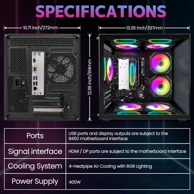 Alt view image 4 of 7 - Suevery Desktop PC Computer, AMD Ryzen 5 3400G up to 4.2GHz, 16GB DDR4 RAM, 256GB SATA SSD, Radeon Vega 11 Graphics, Wi-Fi 6, RGB Fans, 400W PSU, B450 Motherboard, Black