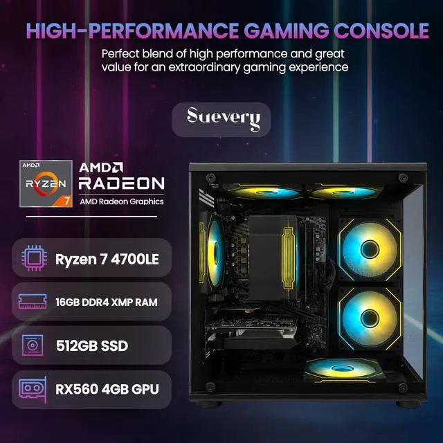 Alt view image 3 of 7 - Suevery PC Desktop Computer, AMD Ryzen 7 4700LE 8-Core Processor, Radeon RX 560 4GB Graphics, 16GB DDR4 RAM, 512GB SSD, Wi-Fi 6, RGB Lighting, 400W PSU, Black