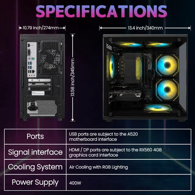 Alt view image 6 of 7 - Suevery PC Desktop Computer, AMD Ryzen 7 4700LE 8-Core Processor, Radeon RX 560 4GB Graphics, 16GB DDR4 RAM, 512GB SSD, Wi-Fi 6, RGB Lighting, 400W PSU, Black