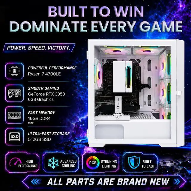 Alt view image 4 of 7 - Suevery Gaming PC Desktop, AMD Ryzen 7 4700LE 8-Core Processor, NVIDIA GeForce RTX 3050 6GB, 16GB DDR4 RAM, 512GB SSD, Wi-Fi, RGB Lighting, 400W PSU, White