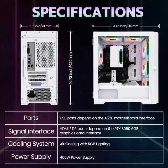 Alt view image 7 of 7 - Suevery Gaming PC Desktop, AMD Ryzen 7 4700LE 8-Core Processor, NVIDIA GeForce RTX 3050 6GB, 16GB DDR4 RAM, 512GB SSD, Wi-Fi, RGB Lighting, 400W PSU, White